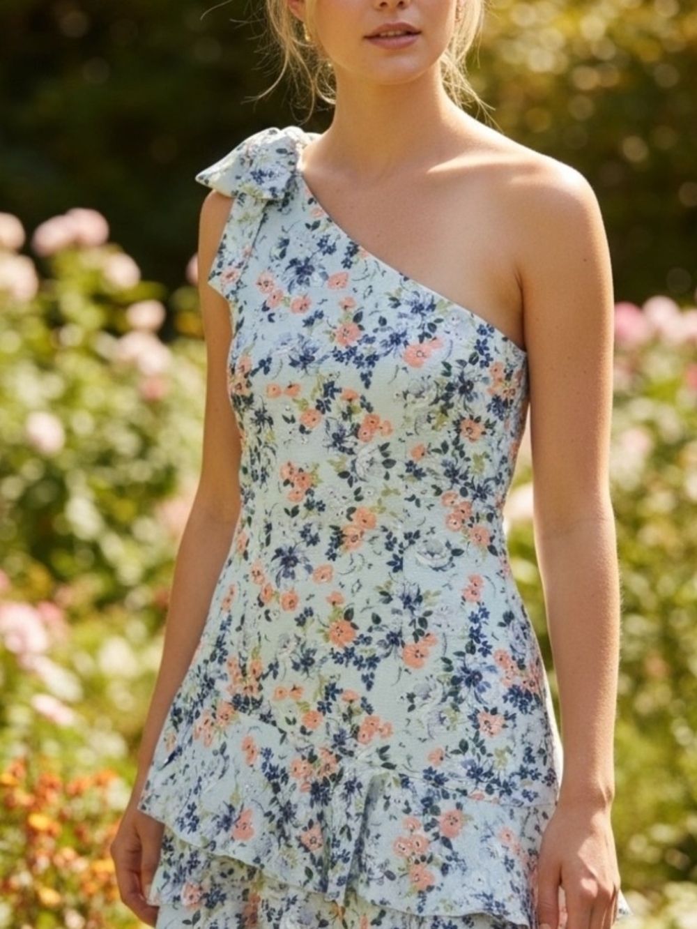 One-Shoulder Floral Ruffle Dress in Light Blue Size 6